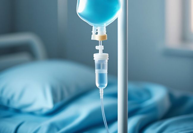 Капельница с ярко-голубой жидкостью висит на белой стойке в больничной палате